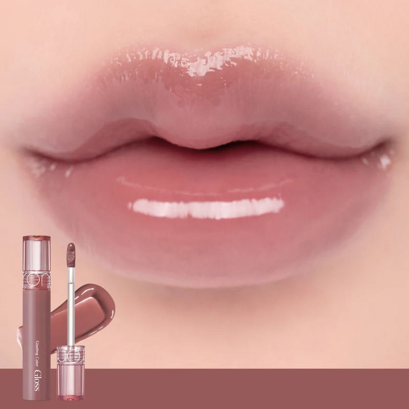 ROM&ND Glasting Colour Gloss 05 Dim Mauve model and swatch